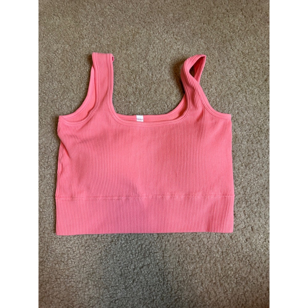Alexander Jane Essential Crop Padded Squareneck Ribbed Tank Top Coral Pink L/XL